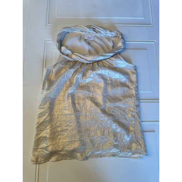 LOFT Blouse Top Womens Size S Small Sleeveless Shiny Gold Pullover Neck Ruffle - Picture 1 of 6